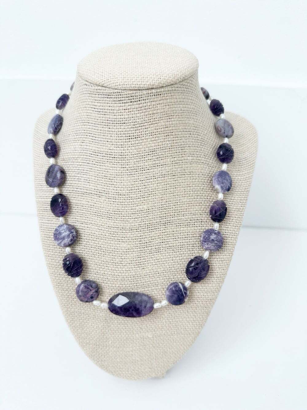 NWT Genuine Amethyst, Agate & Pearls Necklace Purple White